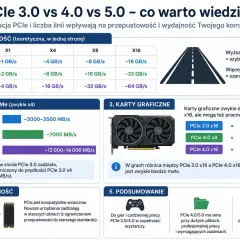 Porównanie przepustowości dysków SSD NVMe PCIe 3.0, 4.0 i 5.0. PCIe 5.0 oferuje prędkość dysku SSD do 14000 MB/s.