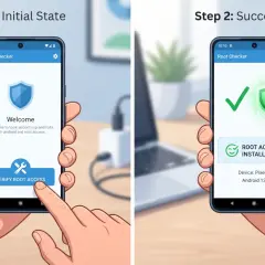 Dwie ręce trzymają telefony. Na pierwszym ekranie "Root Checker" prosi o weryfikację dostępu, na drugim pokazuje "ROOT ACCESS INSTALLED". Zastanawiasz się, dlaczego wyrzuca mnie z aplikacji na telefonie?