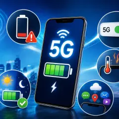 Czy 5G zużywa więcej baterii? Ikony pokazują niski poziom baterii, przegrzewanie i szybkie rozładowanie, ale też tryb nocny i dzienny z pełną baterią.