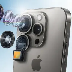Rozłożony moduł aparatu iPhone'a, pokazujący, jak włączyć kamerę w telefonie, by uchwycić każdy szczegół.