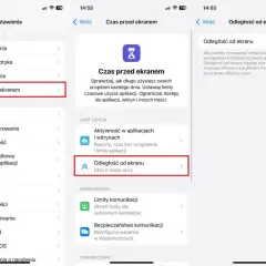 Ustawienia iPhone'a: "Czas przed ekranem" i "Odległość od ekranu" dla ochrony wzroku.
