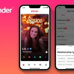 Jak zablokować kogoś na Tinderze? Aplikacja pokazuje profil użytkowniczki Liz i opcje edycji, w tym typ relacji.