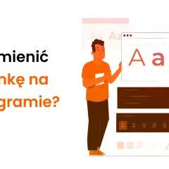 Ilustracja pokazuje, jak zmienić czcionkę na Instagramie. Mężczyzna prezentuje interfejs edycji tekstu z opcjami zmiany czcionki.