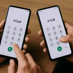 Dwie dłonie trzymają telefony Samsung. Na ekranach widnieje kod *#06#, służący do sprawdzenia numeru IMEI.