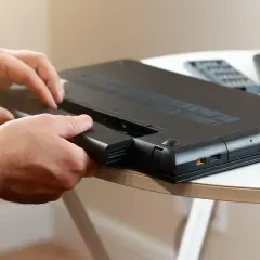 Dłonie wyjmują baterię z laptopa. Dowiedz się, jak sprawdzić kondycję baterii w laptopie, by cieszyć się dłuższym czasem pracy.