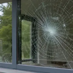 Rozbite szkło hartowane w oknie, tworzące pajęczynę pęknięć. Czy szkło hartowane psuje jakość zdjęć? To pytanie pozostaje otwarte.