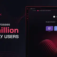 Historia Opera GX: 25 milionów graczy miesięcznie. Widok przeglądarki z ikonami Twitch, Discord, Reddit, YouTube.