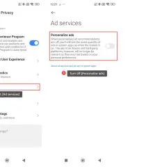 Ustawienia prywatności Xiaomi: personalizacja reklam. Wyłącz spersonalizowane reklamy, aby przestać otrzymywać dopasowane oferty.