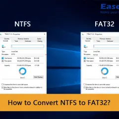 Porównanie właściwości dysku C: z systemem plików NTFS i FAT32. Pokazuje, jak konwertować dysk NTFS na FAT32.