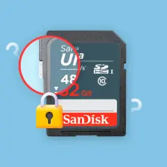 Karta SD SanDisk 32GB z przełącznikiem blokady w pozycji "zabezpieczony przed zapisem".