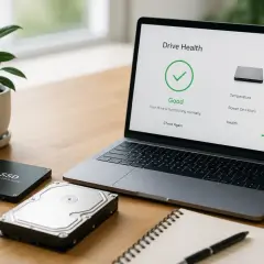 Laptop pokazuje "Drive Health: Good" - sprawdzanie kondycji komputera. Obok dyski SSD i HDD.