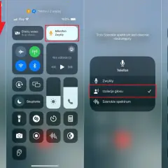 Na ekranie iPhone'a widać menu telefonu z aktywną opcją izolacja głosu, która poprawia jakość dźwięku podczas rozmów.