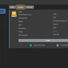 Dysk USB1 ma system plików NTFS. Można go sformatować, wybierając opcję "Format", zamiast np. exFAT.