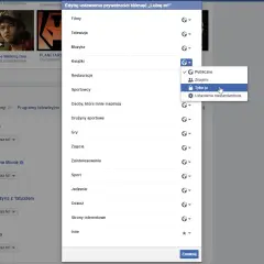 Jak ukryć polubienia na FB: na ekranie widzimy menu prywatności, gdzie zaznaczono opcję "Tylko ja" dla kategorii "Książki".