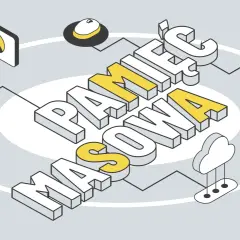 Grafika wyjaśnia, co to pamięć masowa, pokazując ikony: żarówka, chmura, dysk, myszka, drukarka, koło zębate.