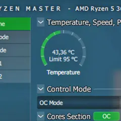 Monitorowanie temperatur procesora AMD Ryzen 5 3600. Aktualna temperatura to 43,36°C, limit 95°C. Widoczna prędkość szczytowa 239 MHz.
