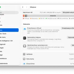 Jak wyczyścić Maca? Ekran "Miejsce" w ustawieniach pokazuje zajętość dysku i sugeruje sposoby na zwolnienie miejsca, np. przez iCloud lub optymalizację.