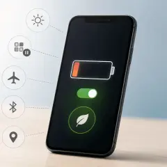 Na ekranie iPhone'a widać ikonę baterii z niskim poziomem naładowania i włączony tryb oszczędzania energii.