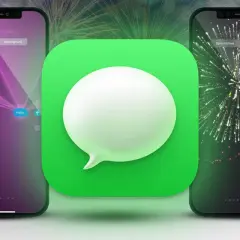 Dwa telefony z efektami iMessage: jeden z fioletowymi promieniami, drugi z fajerwerkami. W tle fajerwerki.