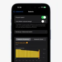 Na ekranie iPhone'a widać ustawienia baterii. "IP40 co oznacza" może odnosić się do normy szczelności, ale tutaj widzimy zarządzanie energią.