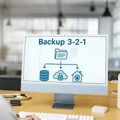 Schemat backup 3-2-1 na ekranie komputera: trzy kopie danych, dwa różne nośniki, jedna kopia poza siedzibą.