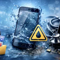 Uszkodzony telefon, zalany wodą, z symbolem ostrzegawczym. Jak zniszczyć telefon?