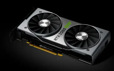 Karta graficzna NVIDIA RTX 2060 Super z dwoma wentylatorami, gotowa do obsługi gier dzięki wydajnemu video ram.