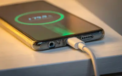 Zbliżenie na telefon w przezroczystym etui, podłączony do ładowania. Na ekranie widoczny wskaźnik baterii 79%.