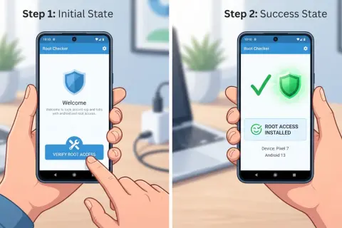 Dwie ręce trzymają telefony. Na pierwszym ekranie "Root Checker" prosi o weryfikację dostępu, na drugim pokazuje "ROOT ACCESS INSTALLED". Zastanawiasz się, dlaczego wyrzuca mnie z aplikacji na telefonie?