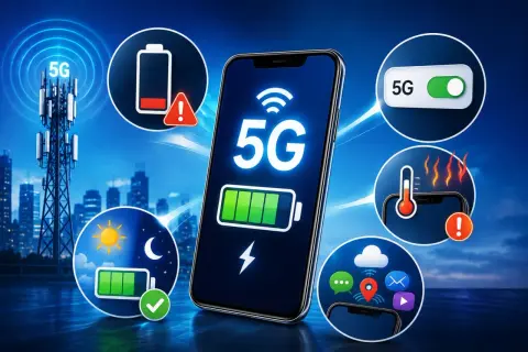 Czy 5G zużywa więcej baterii? Ikony pokazują niski poziom baterii, przegrzewanie i szybkie rozładowanie, ale też tryb nocny i dzienny z pełną baterią.