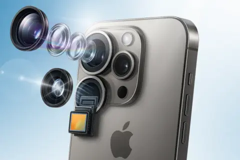 Rozłożony moduł aparatu iPhone'a, pokazujący, jak włączyć kamerę w telefonie, by uchwycić każdy szczegół.
