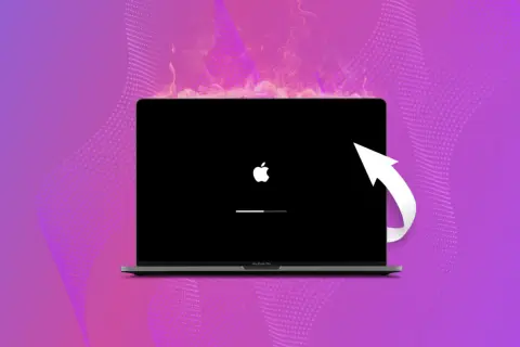 MacBook z jabłuszkiem i paskiem postępu, symbolizujący reset laptopa. Biała strzałka sugeruje proces odzyskiwania.