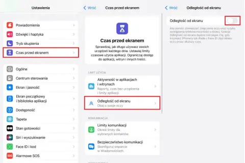 Ustawienia iPhone'a: "Czas przed ekranem" i "Odległość od ekranu" dla ochrony wzroku.