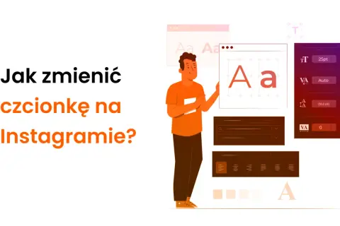 Ilustracja pokazuje, jak zmienić czcionkę na Instagramie. Mężczyzna prezentuje interfejs edycji tekstu z opcjami zmiany czcionki.