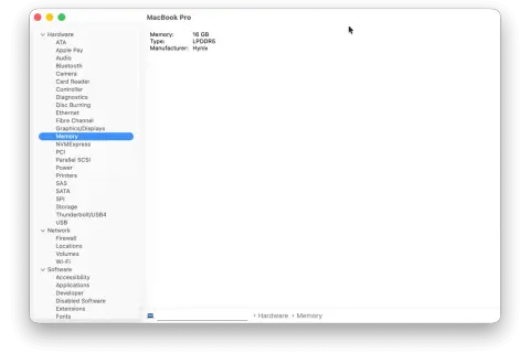 Jak sprawdzić pamięć na Macu: 16 GB LPDDR5 Hynix. Widok szczegółów sprzętu w systemie macOS.