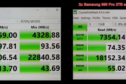 Testy wydajności dysków NVMe: pojedynczy Samsung 990 Pro 2TB vs. dwa dyski w trybie nvme raid mode.