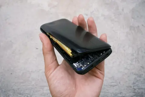 Uszkodzony powerbank z widoczną baterią i płytką drukowaną. Czy to problem z gwarancją na baterie w telefonie?