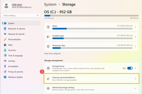 Jak wyczyścić dysk w laptopie? W sekcji "Zarządzanie dyskiem" kliknij "Rekomendacje dotyczące czyszczenia", aby zwolnić ponad 5 GB miejsca.