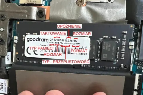 Jak zwiększyć RAM w laptopie? Na module pamięci DDR4 widać oznaczenia: opóźnienie, taktowanie, rozmiar, typ pamięci, format i przepustowość.