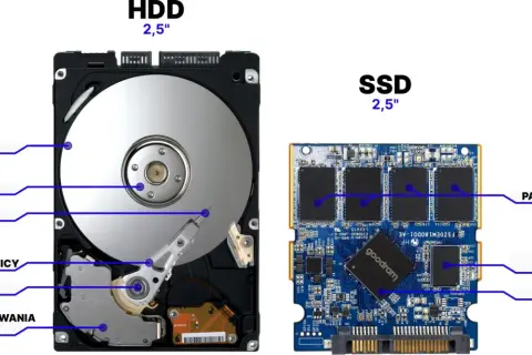 Porównanie budowy HDD i SSD. Dowiedz się, jak sprawdzić, jaki masz dysk HDD czy SSD, analizując jego komponenty: dyski, napęd, głowicę (HDD) vs. pamięć flash, kontroler (SSD).