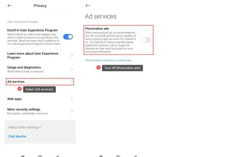 Ustawienia prywatności Xiaomi: personalizacja reklam. Wyłącz spersonalizowane reklamy, aby przestać otrzymywać dopasowane oferty.