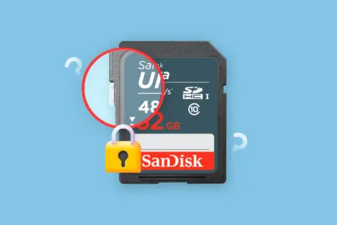 Karta SD SanDisk 32GB z przełącznikiem blokady w pozycji "zabezpieczony przed zapisem".