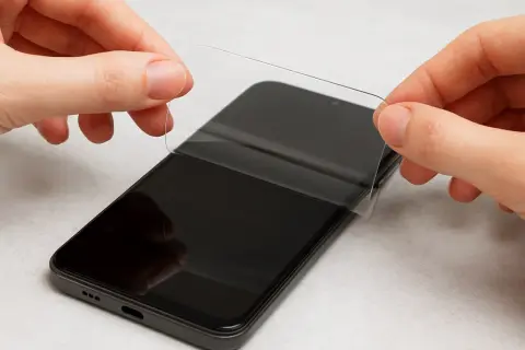 Dłonie delikatnie odklejają folię ochronną od ekranu telefonu. Dowiedz się, jak zdjąć szkło hartowane z telefonu, by zrobić to bezpiecznie.