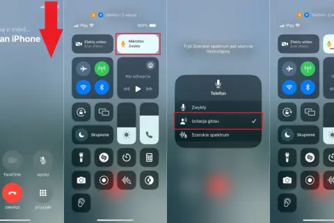 Na ekranie iPhone'a widać menu telefonu z aktywną opcją izolacja głosu, która poprawia jakość dźwięku podczas rozmów.