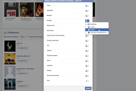 Jak ukryć polubienia na FB: na ekranie widzimy menu prywatności, gdzie zaznaczono opcję "Tylko ja" dla kategorii "Książki".