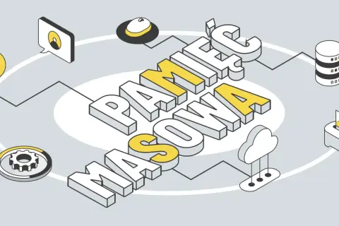 Grafika wyjaśnia, co to pamięć masowa, pokazując ikony: żarówka, chmura, dysk, myszka, drukarka, koło zębate.