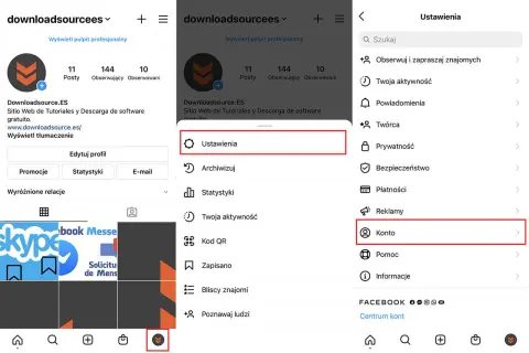 Jak przywrócić usunięty post na Instagramie? Zobacz, jak przejść do Ustawień, a następnie Konta, by odzyskać dane.