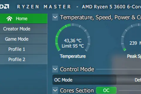 Monitorowanie temperatur procesora AMD Ryzen 5 3600. Aktualna temperatura to 43,36°C, limit 95°C. Widoczna prędkość szczytowa 239 MHz.