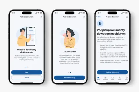 Jak zrobic mobywatel? Aplikacja pokazuje, jak podpisać dokumenty dowodem osobistym z warstwą elektroniczną, używając NFC w telefonie.