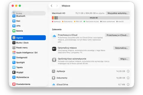 Jak wyczyścić Maca? Ekran "Miejsce" w ustawieniach pokazuje zajętość dysku i sugeruje sposoby na zwolnienie miejsca, np. przez iCloud lub optymalizację.